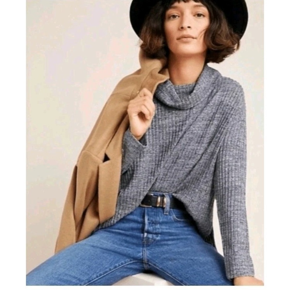 Anthropologie Maeve Gray Ribbed Cowl Neck Sweater Size L EC